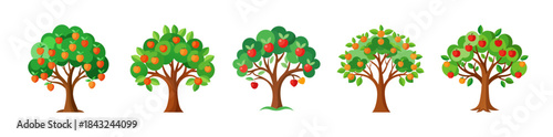 Assortment of vibrant cartoon fruit trees with apples and oranges