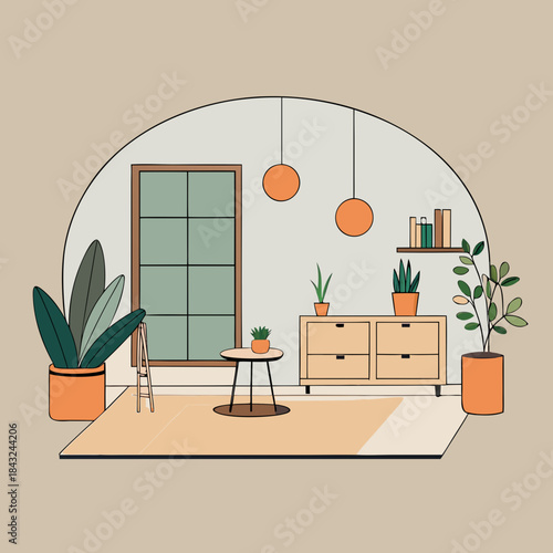 Cozy minimalist living room interior with plants and modern furniture illustration