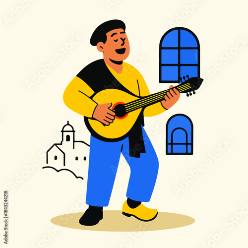 Street Guitarist Playing Music Travel Character Illustration