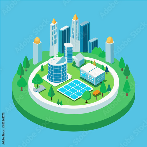Isometric illustration of a modern city with sustainable architecture and green spaces