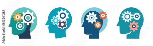 Mental processes illustrated by gears in human head silhouettes, diverse