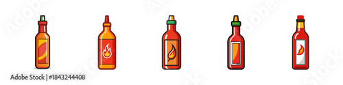Collection of five cartoon style hot chili sauce bottles, isolated