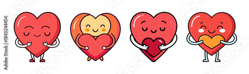 Charming cartoon hearts depicting love, happiness, care, and friendship.