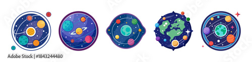 Bright cartoon solar system and earth planet illustrations set in space