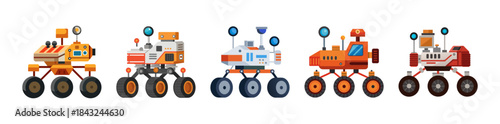Diverse flat design space rovers set for planetary exploration vector
