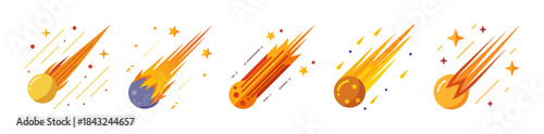 Stylized comets and meteors with fiery tails, space objects illustration