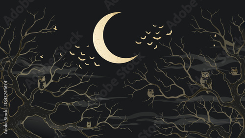 Night scene with owls and crescent moon among bare branches  
