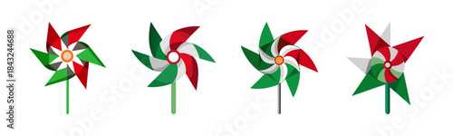 Colorful red green white pinwheel collection, spinning playful wind toy