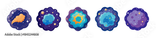 Colorful cosmic elements collection with stars and abstract galaxy shapes