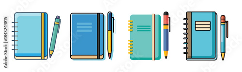 Collection of colorful notebooks and pens for school and office work
