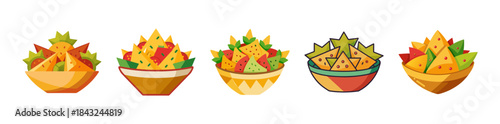 Variety of cartoon nachos served in bowls with colorful toppings set