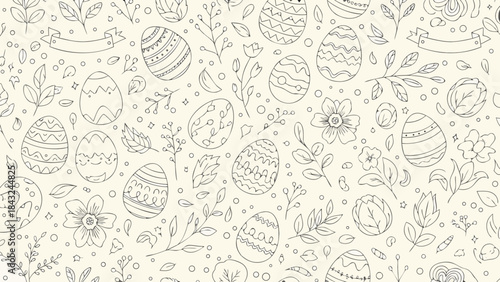 Easter eggs and flowers sketch pattern in minimalist style  