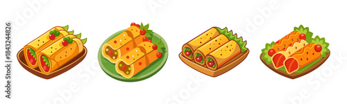 Cartoon mexican food illustration set with enchiladas or burritos on plates