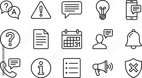 Set of 15 Line Art Vector Icons for Business Communication, Information, Support, and User Interface Elements in Black and White