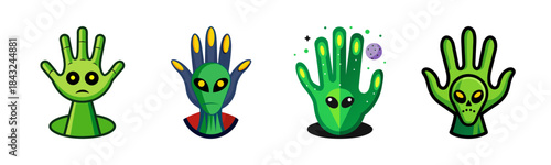 Collection of funny green alien hands with different facial expressions and space elements