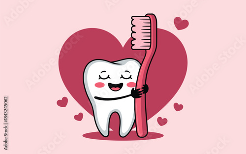 A cheerful cartoon tooth mascot happily embraces a pink toothbrush against a background of loving hearts