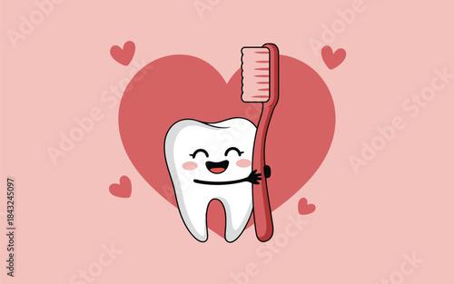 A cheerful cartoon tooth mascot hugs a red toothbrush on a lovely pink heart themed background