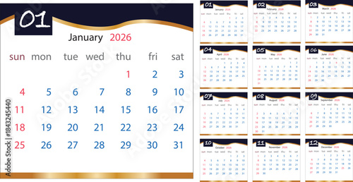 Year 2026 calendar template with all 12 months, full yearly planner in modern design with blue and orange color scheme.