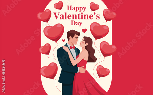 A loving couple embraces surrounded by red heart balloons celebrating Happy Valentines Day