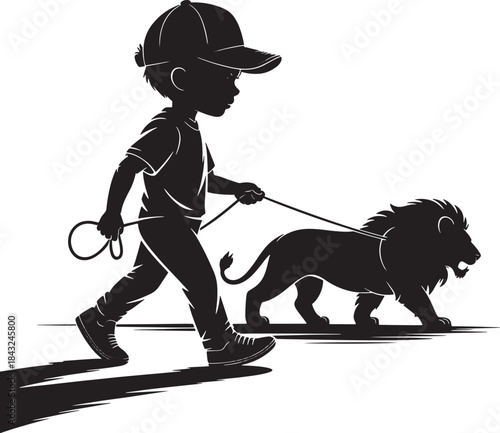  and boy walking with lion silhouette vector illustration