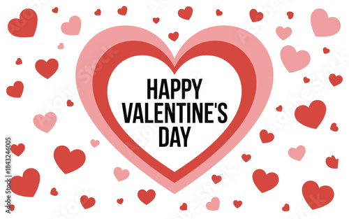 A vibrant Happy Valentines Day greeting card design featuring concentric hearts and scattered heart shapes