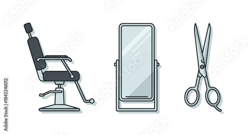 Barber Shop Equipment: Chair Mirror and Scissors Illustration.