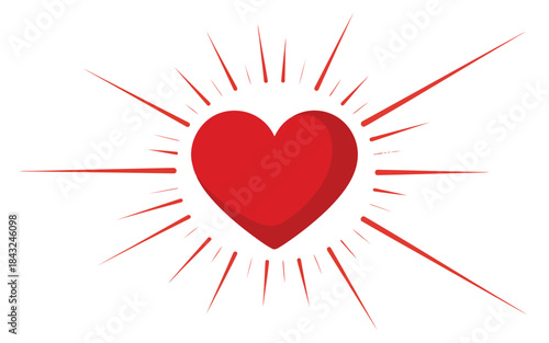 A vibrant red heart symbol with emanating rays glowing brightly on a pure white background