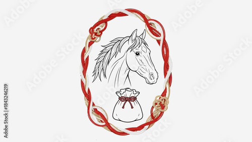 Horse head and gift bag illustration traditional Japanese knot design good luck symbol for New Year