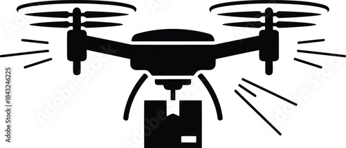 Black silhouette of a drone carrying a package quadcopter