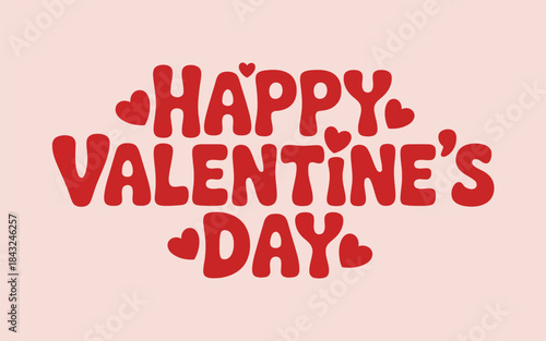 Bold red Happy Valentines Day lettering adorned with small hearts on a soft pink background