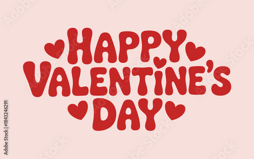 Bold red Happy Valentines Day text surrounded by tiny hearts on a soft pink background