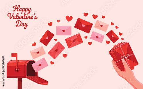 Festive Happy Valentines Day scene with a mailbox, floating love letters and hands holding cards