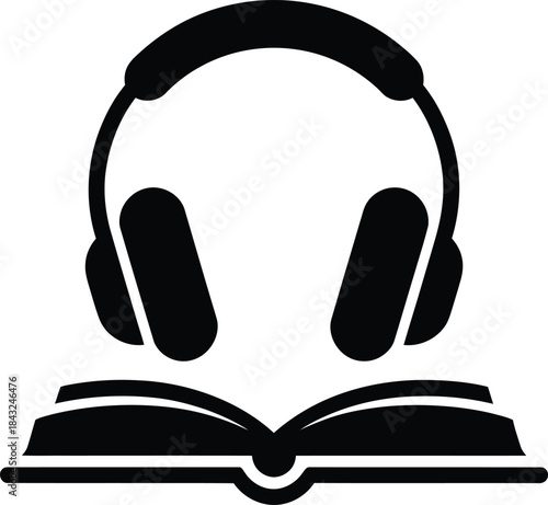 Audiobook flat illustration of headphones and open book for listening story online