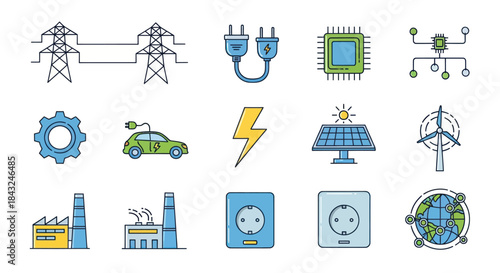 Collection of Colorful Energy and Technology Icons Representing Power Generation and Innovation.