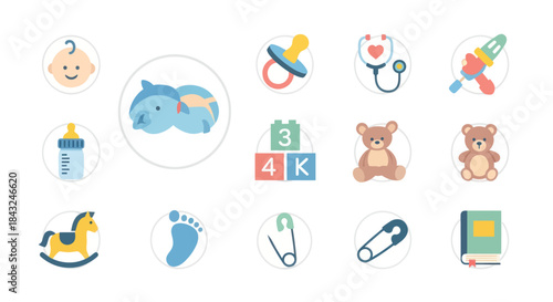 Colorful Baby Icons Set Featuring Various Newborn Essentials.