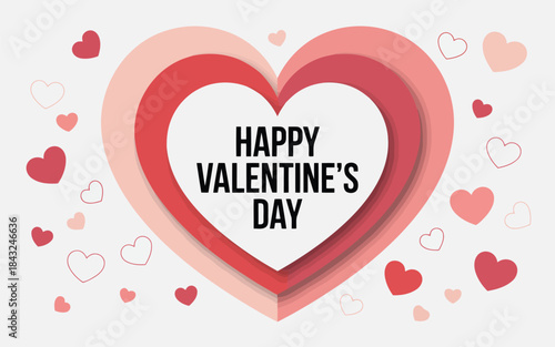 Happy Valentines Day greeting inside a layered heart surrounded by small red hearts