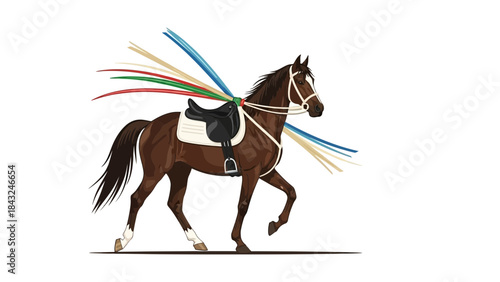 Brown horse with colorful ribbons walking with saddle and bridle isolated on white background