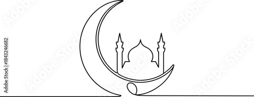 Black and white crescent moon with mosque minarets