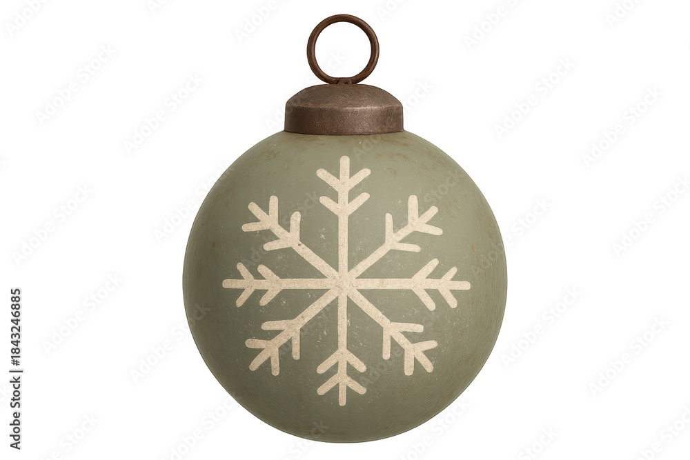 Fototapeta premium Green vintage christmas bauble featuring a white snowflake design, hanging ring at top, providing festive holiday decoration