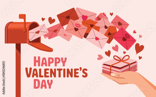 Many love letters and hearts burst from a red mailbox, with a hand holding a bundle of tied greeting cards