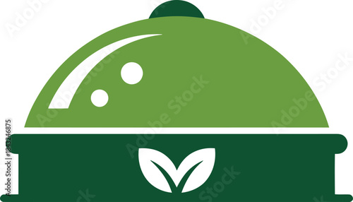 Food cover symbol of healthy dish under glass serving dome on dark tray