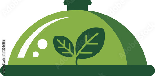 Food cover symbol of healthy eating under transparent glass dome on tray