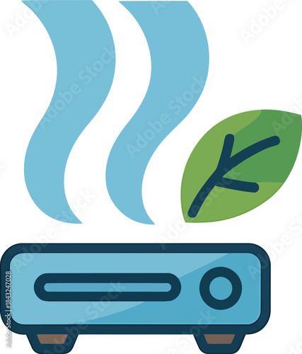 Humidifier icon with blue steam and green leaf symbol for air quality concept