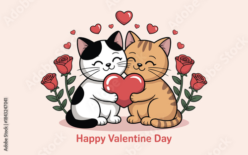 Two adorable cartoon cats joyfully hold a big red heart surrounded by roses and smaller floating hearts