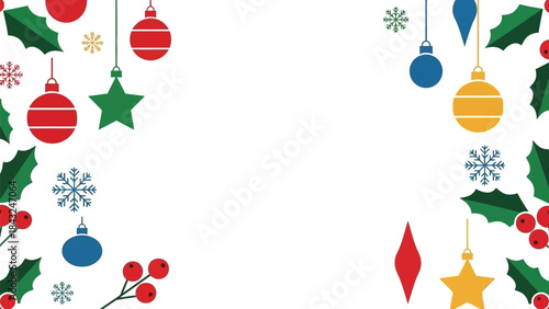 Festive Frame: A vibrant collection of Christmas ornaments, holly, and snowflakes create a delightful border, offering a colorful and seasonal frame for holiday messages and designs.