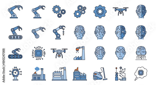 Collection of Blue Robotic Arms Gears Drones and Brains Icons.