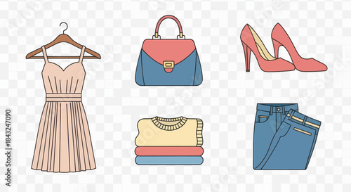 Fashionable Clothing and Accessories Collection: Dress Handbag Heels Sweater and Jeans.