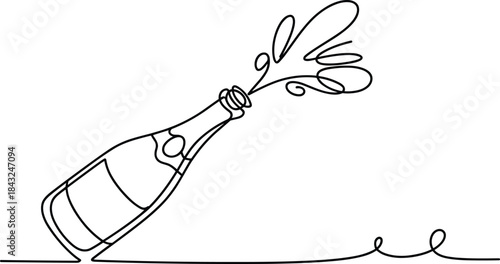 Black and white line of a champagne bottle with cork popping
