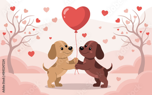 Two happy cartoon puppies sharing a red heart balloon surrounded by lovely floating hearts and trees