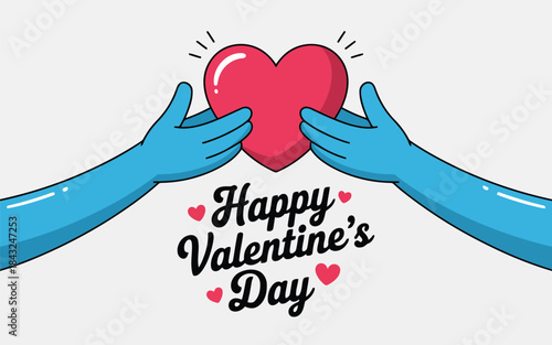 Two vibrant blue hands gently hold a glowing red heart on a white background with Happy Valentines Day text
